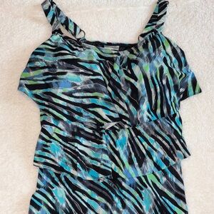 Avenue Zebra Stripe Swim tankini top in Black, Blue, and Green